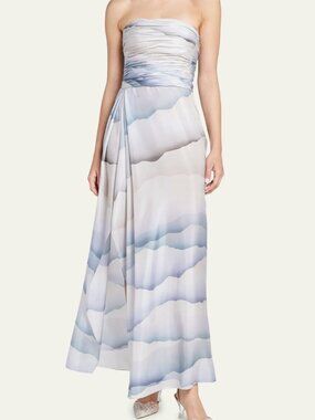 Giorgio Armani Printed Strapless Ruched Silk Dress